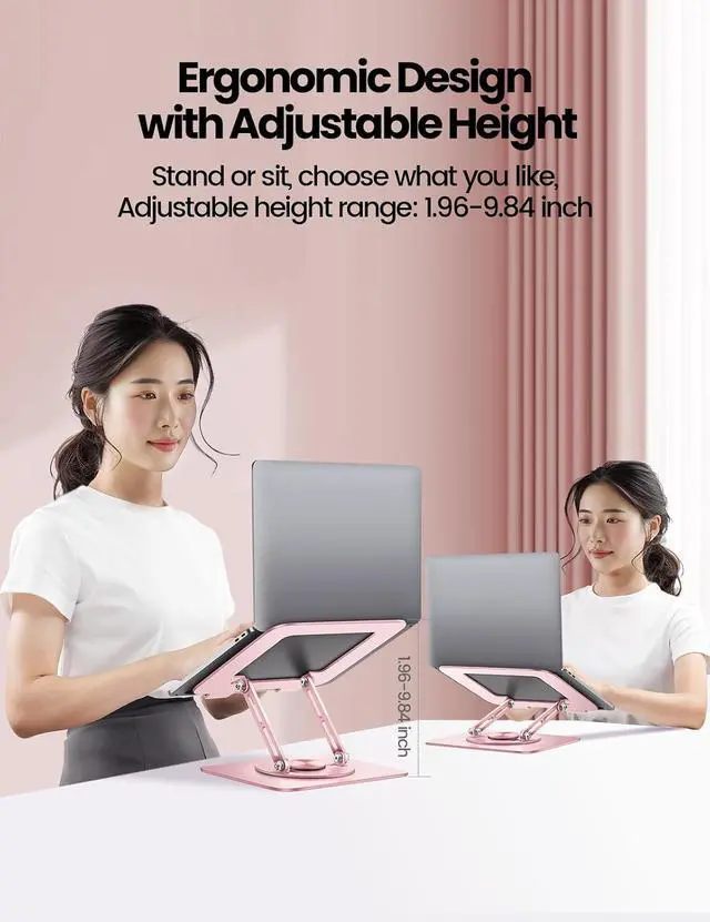 Alt view image 5 of 5 - Adjustable Laptop Stand for Desk,Computer Stand Riser with 360° Free Rotation Base and Foldable Design Ergonomic Laptop Riser Fits for MacBook,Dell, HP and More 10-15.6 Laptops (Pink)