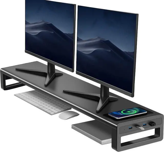 Main image of Dual Monitor Stand, Double Monitor Riser with Wireless Charger and 4 USB 3.0 Hub Ports, Metal Desk Raiser for 2 Monitors, PC Screen iMac Studio Display Gaming Office Work Space Saver Organizer