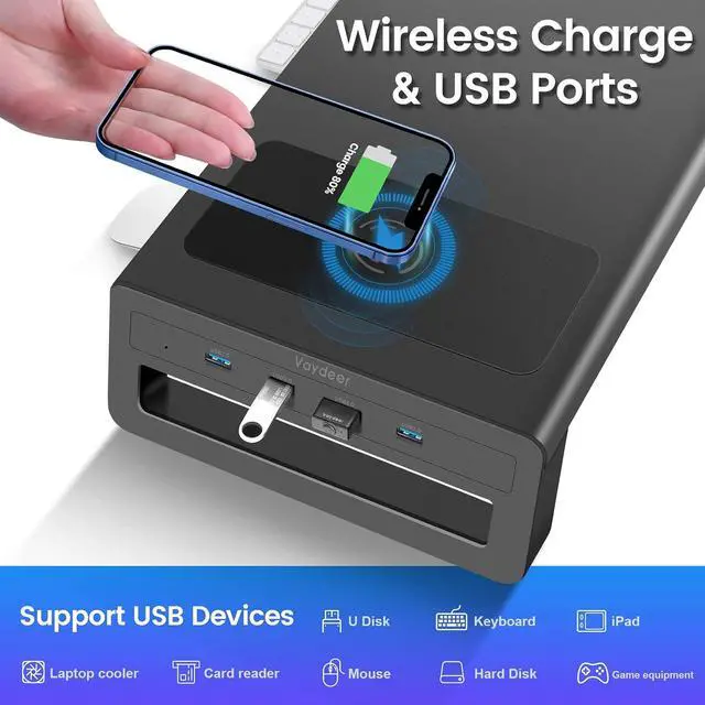 Alt view image 2 of 7 - Dual Monitor Stand, Double Monitor Riser with Wireless Charger and 4 USB 3.0 Hub Ports, Metal Desk Raiser for 2 Monitors, PC Screen iMac Studio Display Gaming Office Work Space Saver Organizer