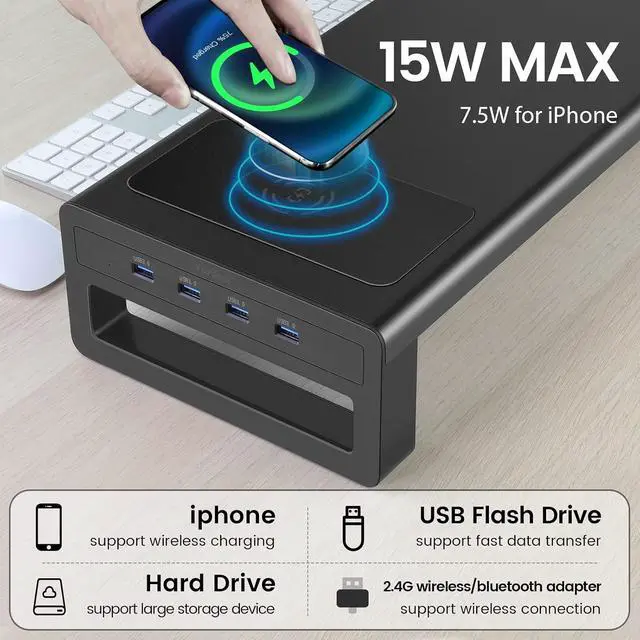 Alt view image 2 of 7 - Wireless Charging and USB 3.0 Monitor Stand, Monitor Riser for Desk with Storage, Single Shelf Holder Raiser Organizer for Computer iMac Laptop PC Screen, Heavy Duty Gift Gaming Studio Office