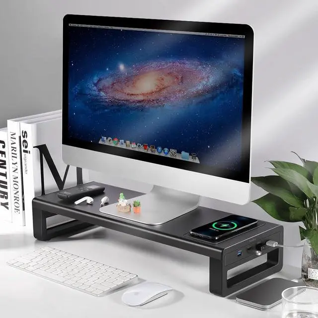 Alt view image 5 of 7 - Wireless Charging and USB 3.0 Monitor Stand, Monitor Riser for Desk with Storage, Single Shelf Holder Raiser Organizer for Computer iMac Laptop PC Screen, Heavy Duty Gift Gaming Studio Office
