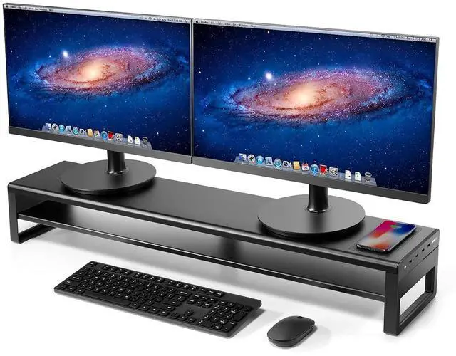 Main image of 2 Tiers Dual Monitor Stand Aluminum Monitor Riser with Wireless Charging and 4 USB 3.0 Hub Ports Metal Strong&Sturdy for PC Monitor Laptop Computer TV Printer Space Saving Desk Organizer