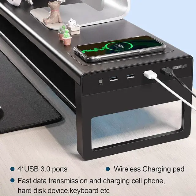 Alt view image 2 of 7 - 2 Tiers Dual Monitor Stand Aluminum Monitor Riser with Wireless Charging and 4 USB 3.0 Hub Ports Metal Strong&Sturdy for PC Monitor Laptop Computer TV Printer Space Saving Desk Organizer
