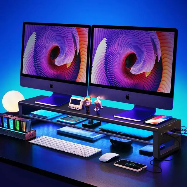 Alt view image 6 of 7 - 2 Tiers Dual Monitor Stand Aluminum Monitor Riser with Wireless Charging and 4 USB 3.0 Hub Ports Metal Strong&Sturdy for PC Monitor Laptop Computer TV Printer Space Saving Desk Organizer