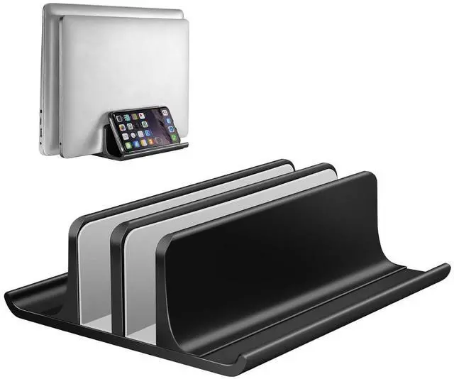 Main image of Double Adjustable Vertical Laptop Stand Newly Designed 2 Slots Aluminum Desktop Dual Holder for All MacBook/Chromebook/Surface/Dell/iPad Up to 17.3 Inches - Black
