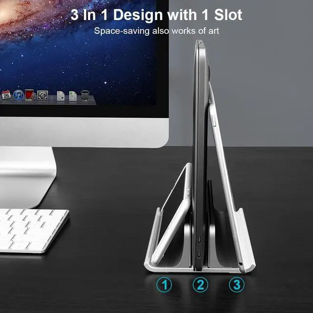 Alt view image 2 of 7 - 3-in-1 Aluminum Laptop Stand Vertical Laptop Stand Holder for Desk with Adjustable Dock, Space-Saving Organizer for All MacBook, Surface, Samsung, HP, Dell, up to 17.3 inch