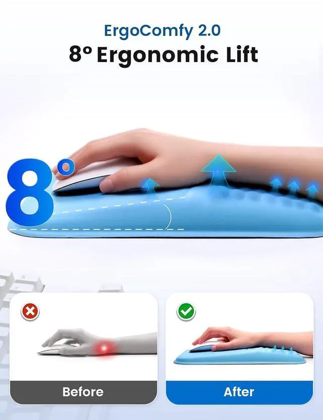 Alt view image 2 of 7 - Ergonomic Mouse Pad with Wrist Rest Memory Foam Mouse Pad with Wrist Support & Massage Bulge, Non-Slip PU Base, Relieves Carpal Tunnel Pain Ideal Mouse Wrist Rest for Office & Home (Blue)