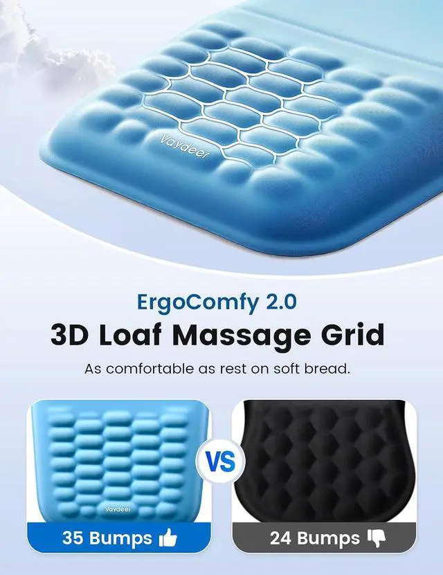 Alt view image 3 of 7 - Ergonomic Mouse Pad with Wrist Rest Memory Foam Mouse Pad with Wrist Support & Massage Bulge, Non-Slip PU Base, Relieves Carpal Tunnel Pain Ideal Mouse Wrist Rest for Office & Home (Blue)