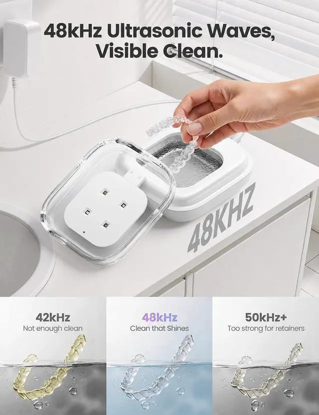 Alt view image 3 of 7 - Ultrasonic Retainer Cleaner, 48kHz Dental Cleaning Pod for Denture, Mouth Night Guard, Aligner, Braces, UV Denture Dome 3 Modes, Sonic Deep Cleaner Machine for Oral Dental Care-White