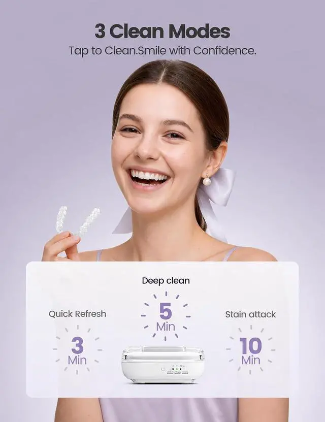 Alt view image 4 of 7 - Ultrasonic Retainer Cleaner, 48kHz Dental Cleaning Pod for Denture, Mouth Night Guard, Aligner, Braces, UV Denture Dome 3 Modes, Sonic Deep Cleaner Machine for Oral Dental Care-White