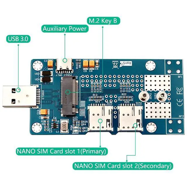Alt view image 2 of 7 - M.2 NGFF Key B to USB 3.0 Adapter with Auxiliary Power and Dual Nano SIM Card Slot for 3G/4G/5G Module
