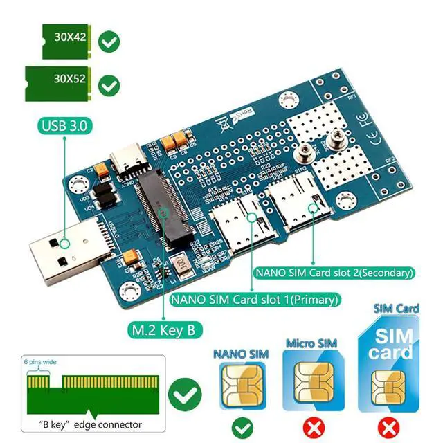 Alt view image 3 of 7 - M.2 NGFF Key B to USB 3.0 Adapter with Auxiliary Power and Dual Nano SIM Card Slot for 3G/4G/5G Module