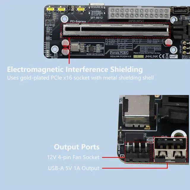 Alt view image 5 of 7 - F2D 64G Oculink SFF-8612 to PCIE4.0 X16 GPU Development Board 8611 Adapter with ATX 24P Power Port for Motherboard External Graphics Card