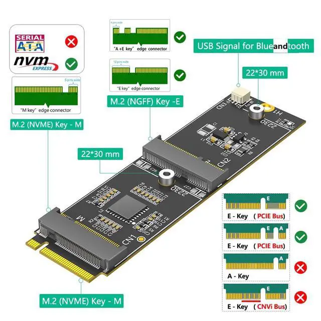 Alt view image 2 of 7 - M.2 MKey to M.2 Key-E Wi Fi + MKey 2230 Dual Slot Adapter Card Compatible with Bluetooth,NVMe,PCIe Bus
