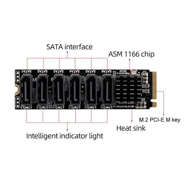Alt view image 7 of 7 - 1Piece M.2 to SATA 3.0 Expansion Card M2 M-EKY PCI-E 5/6 Port SATA3.0 6Gbps / 16Gbps Converter for NVME NGFF to SATA SSD Adapter Card (for NVME to 5port SATA)