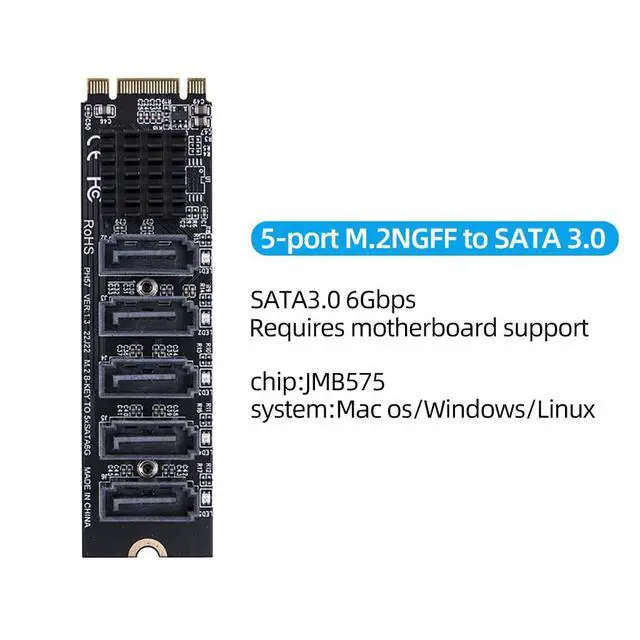 Alt view image 2 of 7 - 1Piece M.2 to SATA 3.0 Expansion Card M2 M-EKY PCI-E 5/6 Port SATA3.0 6Gbps / 16Gbps Converter for NVME NGFF to SATA SSD Adapter Card (for NGFF to 5port SATA)