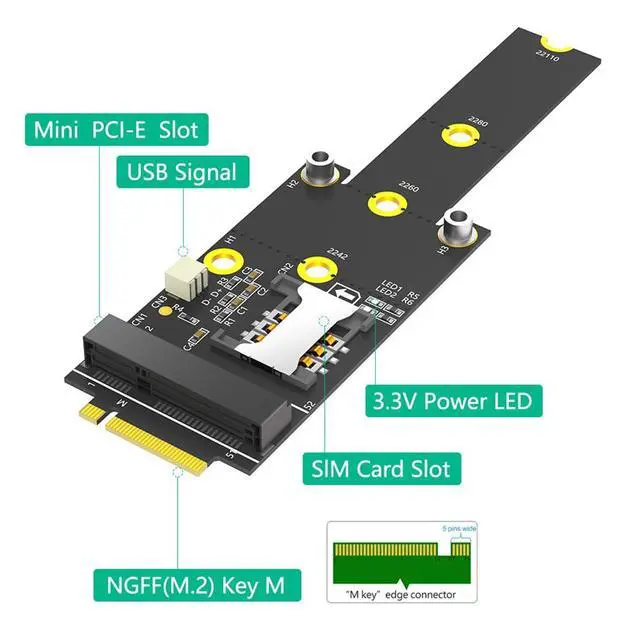 Alt view image 2 of 7 - Mini PCI-E to M.2 NGFF Key M Adapter with SIM Card Slot Wi-Fi WWAN LTE Module