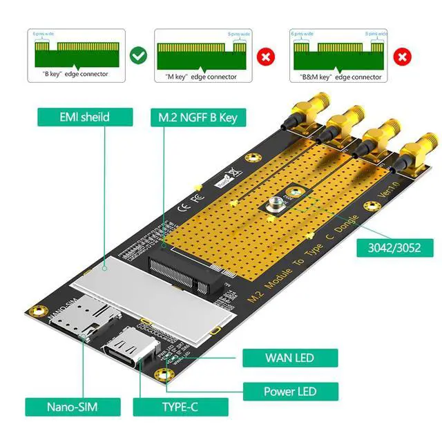 Alt view image 3 of 7 - M.2 B Key 3G/4G/5G Module to USB-C USB 3.0 Adapter with Nano SIM Card Slot Compatible with RM500Q RM500U GM800 SIM8200 Module (with Antennas)