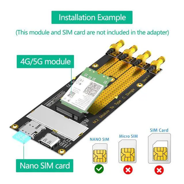 Alt view image 4 of 7 - M.2 B Key 3G/4G/5G Module to USB-C USB 3.0 Adapter with Nano SIM Card Slot Compatible with RM500Q RM500U GM800 SIM8200 Module (with Antennas)