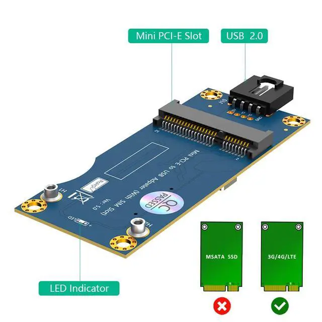 Alt view image 2 of 7 - Mini PCI-E to USB 2.0 Adapter with SIM Card Slot for WWAN/LTE Module Support SIM 6pin/8pin Card Connector (Horizontal USB)
