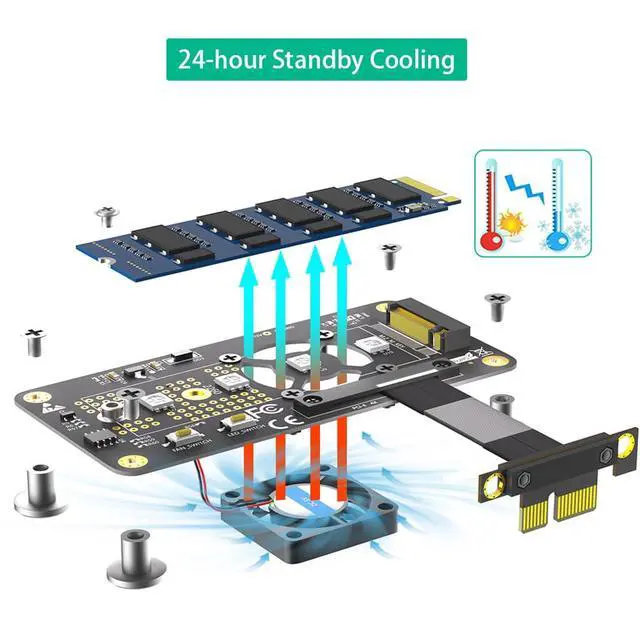 Alt view image 6 of 7 - M.2 NGFF M-Key to PCI- E 1X 4X Extension Cable Compatible with M.2 NVME SSD with Cooling Fan Automatic Discoloration LED (1X,10CM)