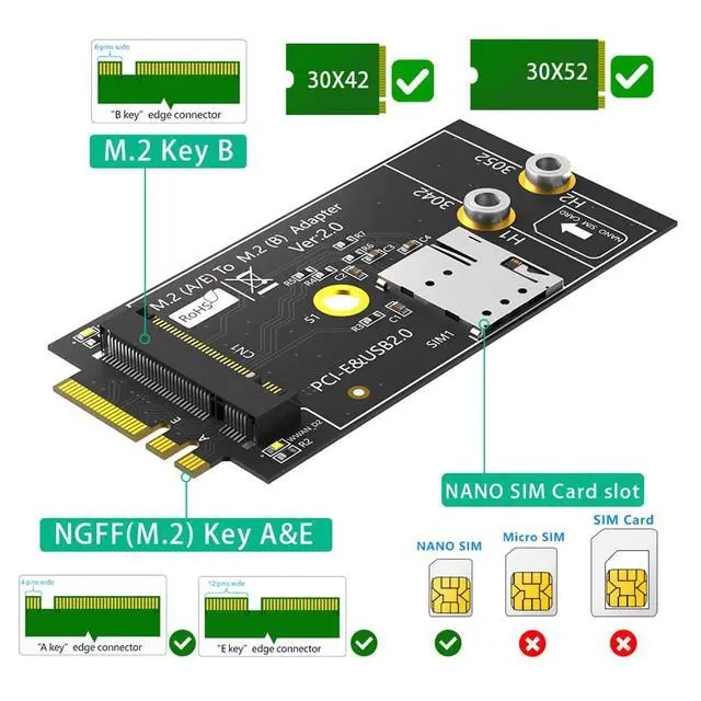 Alt view image 2 of 7 - M.2 Key B to M.2 NGFF A+E Adapter with Nano SIM Card Slot for 3G/4G/5G Module Support USB 2.0/PCI-E Bus Interface
