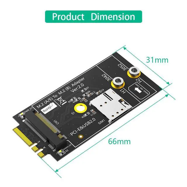 Alt view image 3 of 7 - M.2 Key B to M.2 NGFF A+E Adapter with Nano SIM Card Slot for 3G/4G/5G Module Support USB 2.0/PCI-E Bus Interface