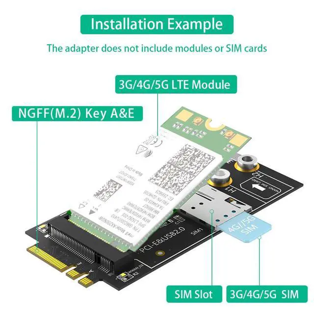 Alt view image 4 of 7 - M.2 Key B to M.2 NGFF A+E Adapter with Nano SIM Card Slot for 3G/4G/5G Module Support USB 2.0/PCI-E Bus Interface