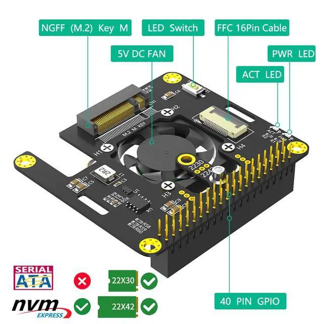 Alt view image 2 of 7 - M.2 NVMe M-Key to PCIe Adapter with Cooler Fan and Automatic Discoloration LED Compatible with Raspberry Pi 5 (for 2230-2242)