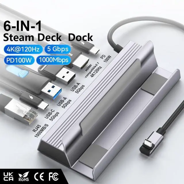 Alt view image 2 of 7 - 6-in-1 Steam Deck Dock Station with RJ45 1000Mbps Gigabit Ethernet, 4K120Hz Hub, 5Gbps 3X USB3.0 Ports, Built-in Triple-Chip Solution, Compatible with ROG Ally 30W Boost Mode