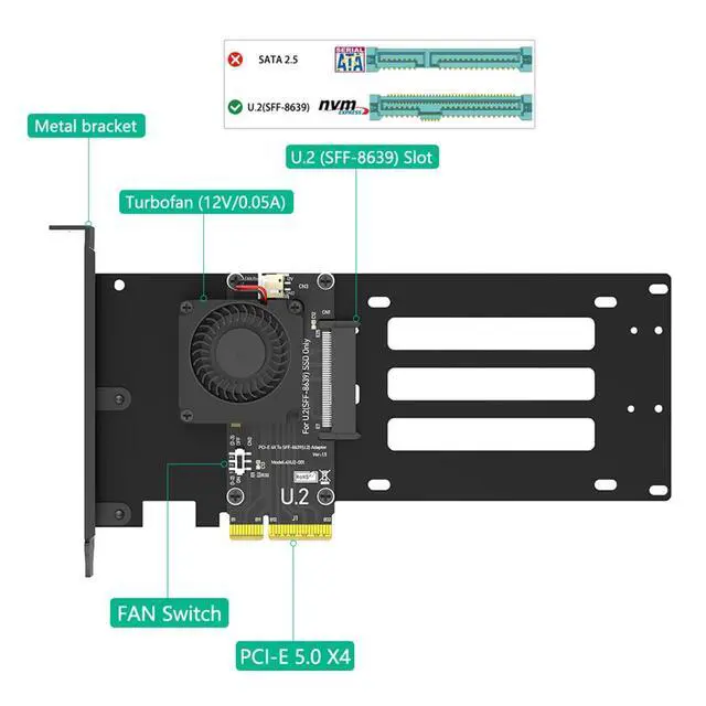 Alt view image 2 of 7 - PCIe 5.0 x4 to U.2 / U.3 SSD Adapter Card 16Gbps Bandwidth with Cooling Fan Compatible with 2.5-inch U.2 U.3 SSD Desktop Server (to U.2 SFF-8639)
