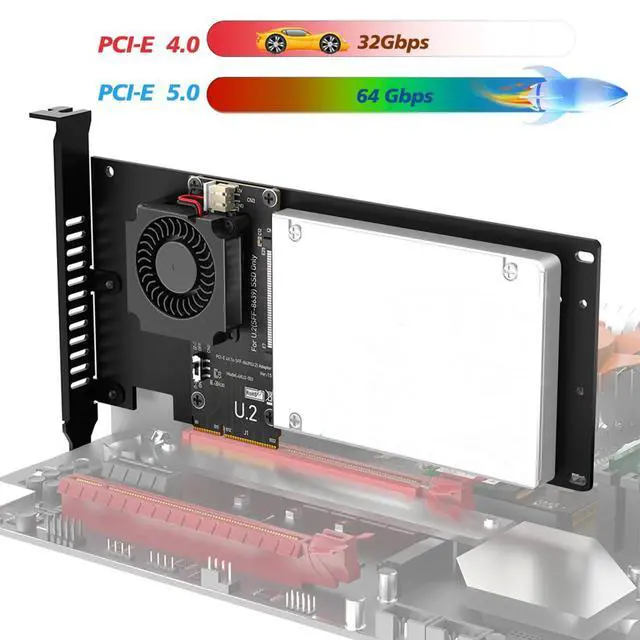 Alt view image 6 of 7 - PCIe 5.0 x4 to U.2 / U.3 SSD Adapter Card 16Gbps Bandwidth with Cooling Fan Compatible with 2.5-inch U.2 U.3 SSD Desktop Server (to U.2 SFF-8639)