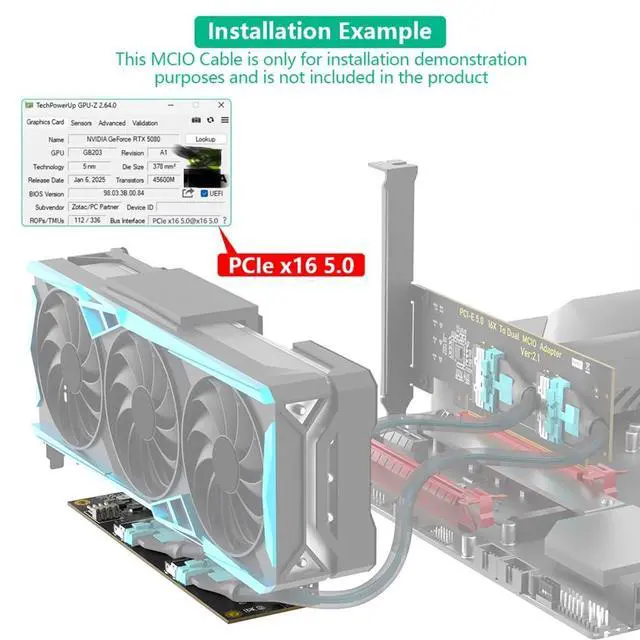 Alt view image 3 of 7 - PCIe 5.0 x16 to Dual MCIO SFF-1016 8i 74Pin Adapter Card for GPU Expansion