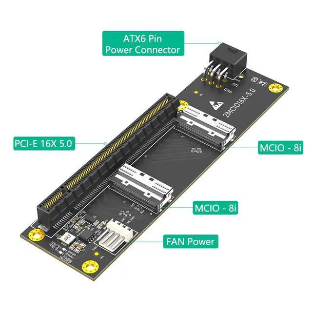 Alt view image 2 of 7 - PCIe 5.0 x16 to Dual MCIO SFF-1016 8i 74Pin Adapter Card for GPU Expansion