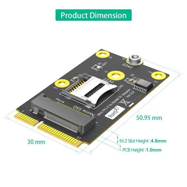 Alt view image 3 of 7 - Mini PCI-E to TF Card USB2.0 + M.2 Key-M SSD Adapter Compatible with NAS Industrial Control Motherboard, NVMe 2230 SSD