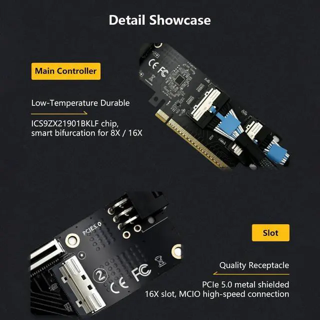 Alt view image 4 of 7 - MCIO 8i Interface Extension Adapter Split Card PCIe-Bifurcation x16 to x16 x8x8 x4x4x4x4 for GPU (MCIO to PCIe 16x 2U Adapter Card)