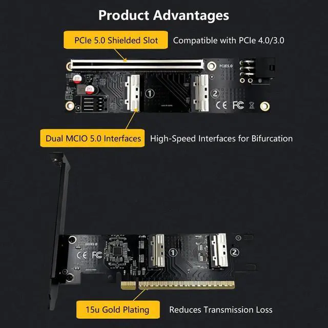 Alt view image 3 of 7 - MCIO 8i Interface Extension Adapter Split Card PCIe-Bifurcation x16 to x16 x8x8 x4x4x4x4 for GPU (MCIO to PCIe 16x 2U Adapter Card)