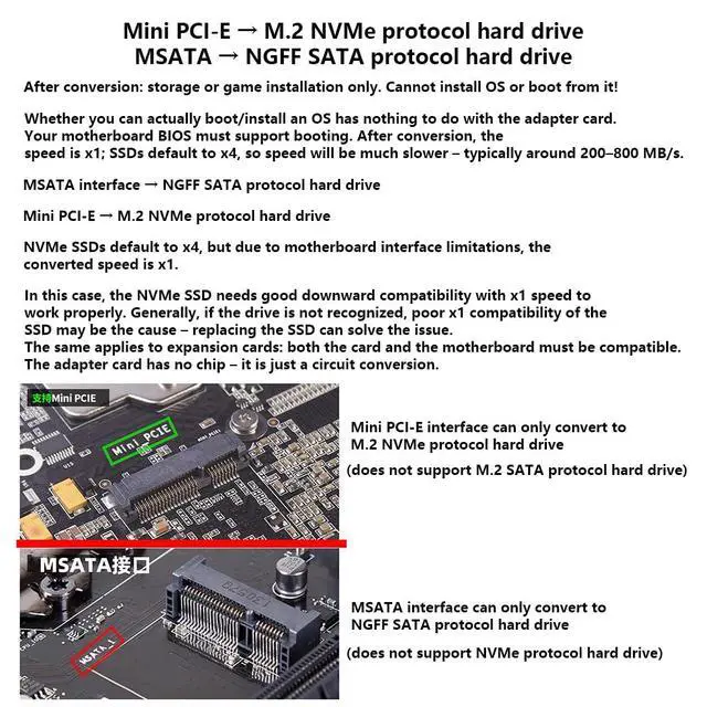 Alt view image 2 of 7 - Mini PCI-E to M. 2 NVMe, MSATA to NGFF SATA Adapter Card Support X1 Speed Dual-Purpose Expansion