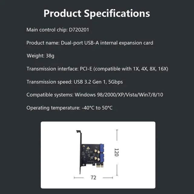 Alt view image 6 of 7 - Front-Panel PCI-E X1 to Dual USB-A Adapter USB 3.0 5Gbps High Speed Expansion for Desktop Support x1 x4 x8 x16 (19Pin - No Power Required)