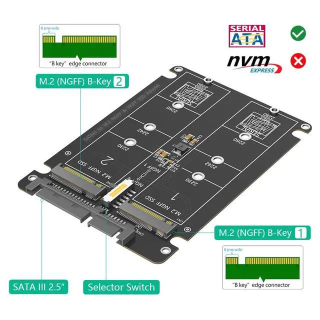 Alt view image 2 of 7 - Dual M.2 NGFF BKey to SATA3.0 Adapter 6Gbps SATA Protocol SSD Adapter with Case Support M.2 SATA 2230 2242 2260 2280 SSD