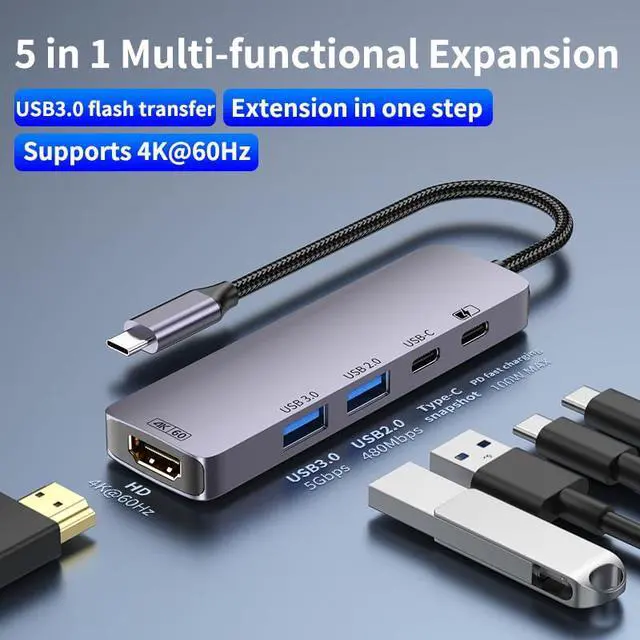 Alt view image 2 of 7 - USB C Multi-Function Docking Station USB 3.0 5Gbps High Speed Splitter Hub Support HD 4K@60Hz Screen Mirroring for PC Laptop (5 in 1 Support 4K60Hz)
