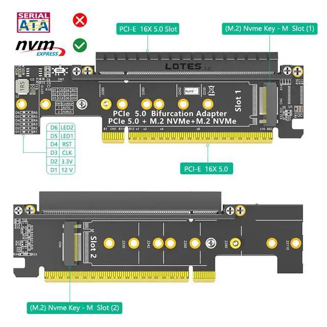 Alt view image 2 of 7 - PCIe 5.0 X16 to Dual M.2 Mkey and PCIe x16(x8 Signal) Adapter Dual M.2 Mkey PCIe5.0 Adapter Compatible with M.2 NVMe SSD that Support PCI-e Bifurcation x8x4x4
