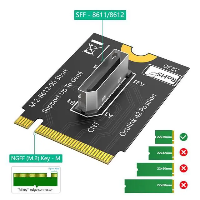 Alt view image 2 of 7 - M.2 Key M PCI-e 4.0 x4 to SFF-8611/8612 4i Host Adapter Compatible with NVMe SSD and eGPU (Vertical Short Type B)