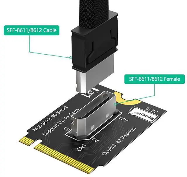 Alt view image 4 of 7 - M.2 Key M PCI-e 4.0 x4 to SFF-8611/8612 4i Host Adapter Compatible with NVMe SSD and eGPU (Vertical Short Type B)