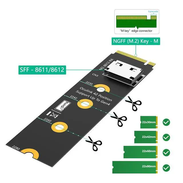Alt view image 2 of 7 - M.2 Key M PCI-e 4.0 x4 to SFF-8611/8612 4i Host Adapter Compatible with NVMe SSD and eGPU (Horizontal Long)