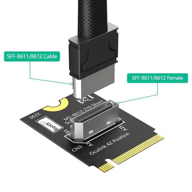 Alt view image 4 of 7 - M.2 Key M PCI-e 4.0 x4 to SFF-8611/8612 4i Host Adapter Compatible with NVMe SSD and eGPU (Vertical Short Type A)