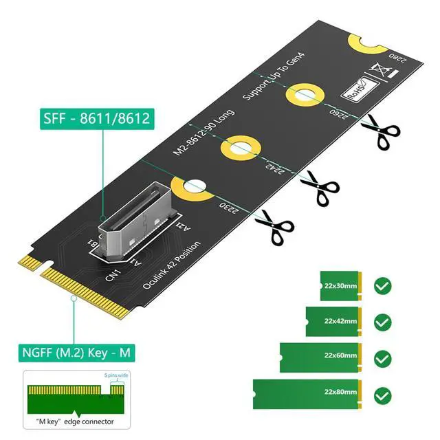 Alt view image 2 of 7 - M.2 Key M PCI-e 4.0 x4 to SFF-8611/8612 4i Host Adapter Compatible with NVMe SSD and eGPU (Vertical Long Type A)