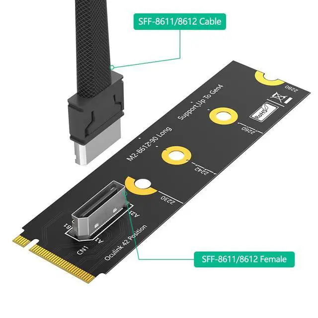 Alt view image 4 of 7 - M.2 Key M PCI-e 4.0 x4 to SFF-8611/8612 4i Host Adapter Compatible with NVMe SSD and eGPU (Vertical Long Type A)