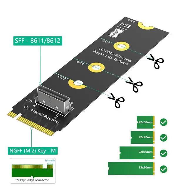 Alt view image 2 of 7 - M.2 Key M PCI-e 4.0 x4 to SFF-8611/8612 4i Host Adapter Compatible with NVMe SSD and eGPU (Vertical Long Type B)
