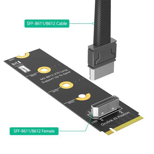 Alt view image 4 of 7 - M.2 Key M PCI-e 4.0 x4 to SFF-8611/8612 4i Host Adapter Compatible with NVMe SSD and eGPU (Vertical Long Type B)